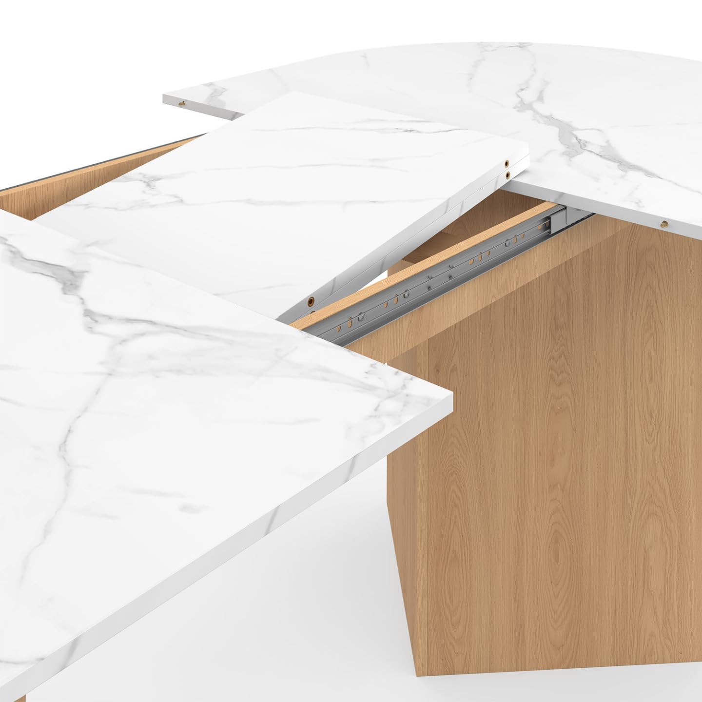IDMarket – Mesa de comedor extensible ovalada Marthe 6-10 personas, bandeja de mármol blanco Alaska y madera de haya, 160-200 cm
