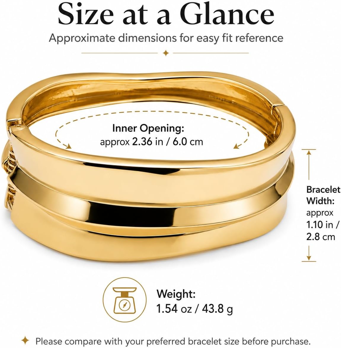 Wide Gold Bangle Bracelet for Women, 14K Gold Plated Chunky Cuff for Daily Wear, Party, Gift for Her