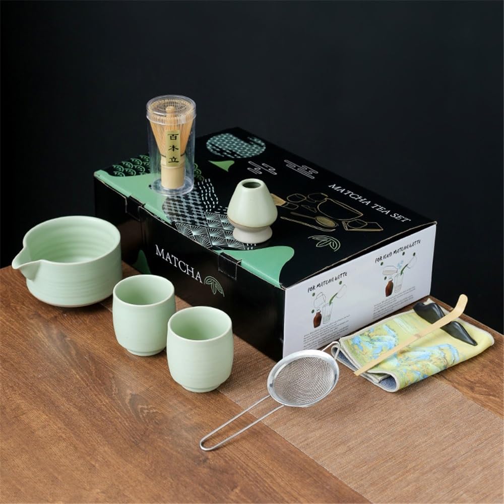 LZM-DIEWLEI Japanese Matcha Tea Set 9 Pcs Ceramic Matcha Bowl, Ceramic Whisk Holder, Matcha Whisk, Scoop, Sifter, Matcha Caddy, Tea Making Kit, Handmade Japanese Tea Ceremony Matcha Tea Kit(Cyan)