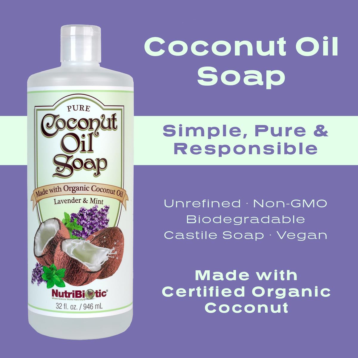 NutriBiotic – Pure Coconut Oil Soap, Lavender & Mint, 32 Oz Twin Pack | Certified Organic, Biodegradable | Vegan & Made without GMOs, Gluten, Parabens or Sulfates | Thin, Liquid Castille Soap