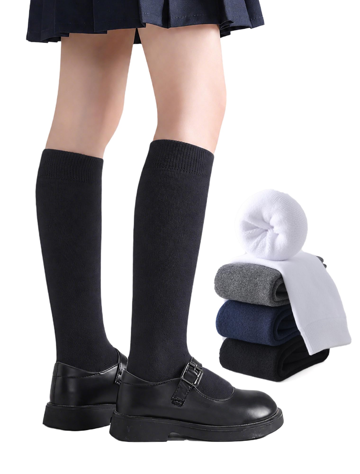 EPEIUS Girls Knee High Socks, Seamless Cotton School Uniform Socks 3-5 Pack