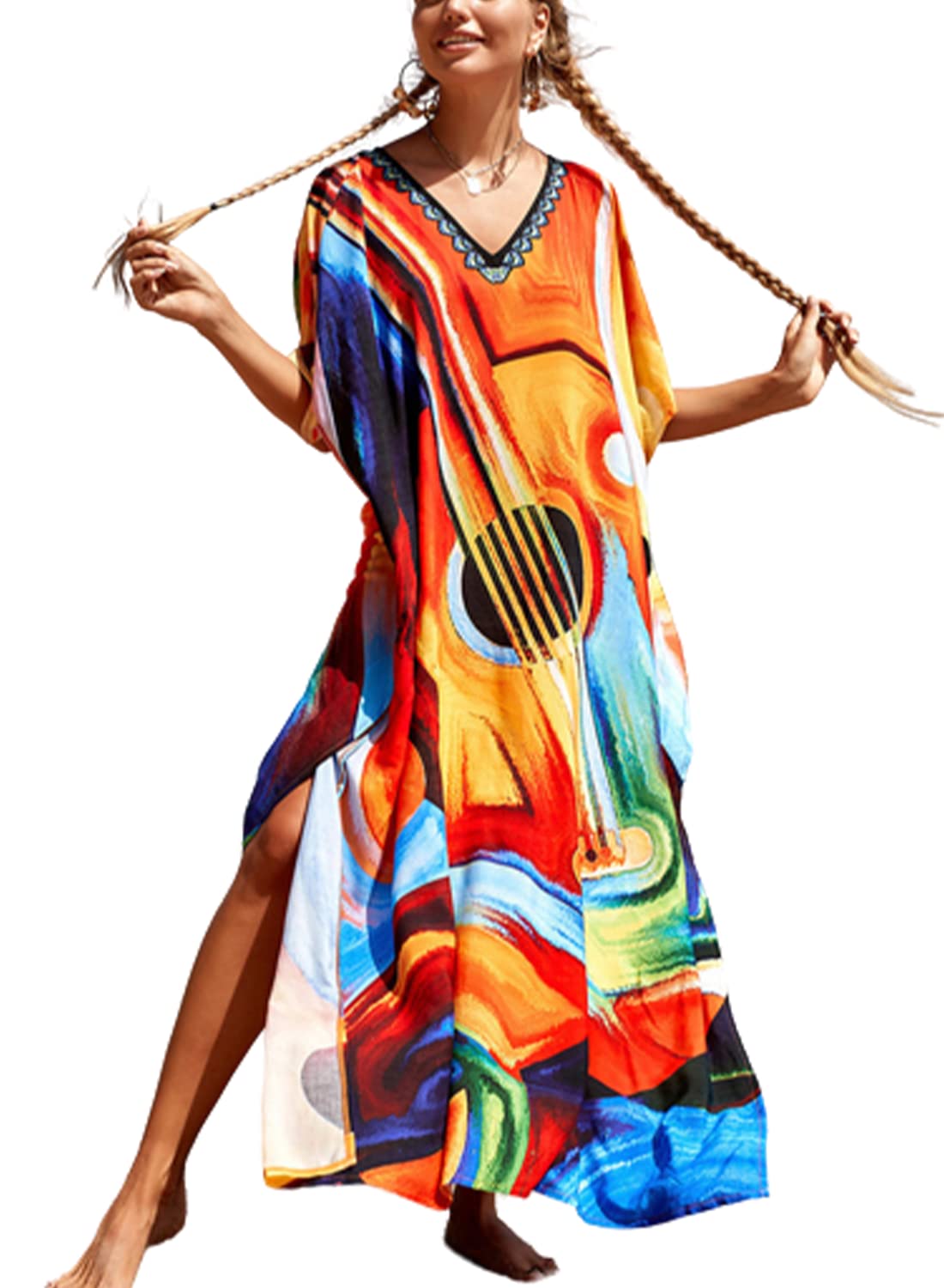 MAFA Vestido Playa Mujer Largo Kaftan Bikini Cover Up Floral Bohemia Túnica Ropa de Playa Traje de Baño Vestido Suelto de Bikini
