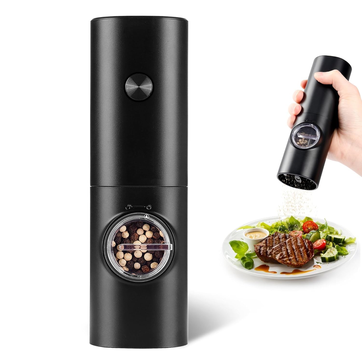 AVIARA™ Electric Salt and Pepper Grinder with Adjustable Coarseness, Pepper Grinder refillable, Battery Operated Salt Grinder with LED Light, Electric Pepper Grinder, One-Handed Operation (Pack of 1)