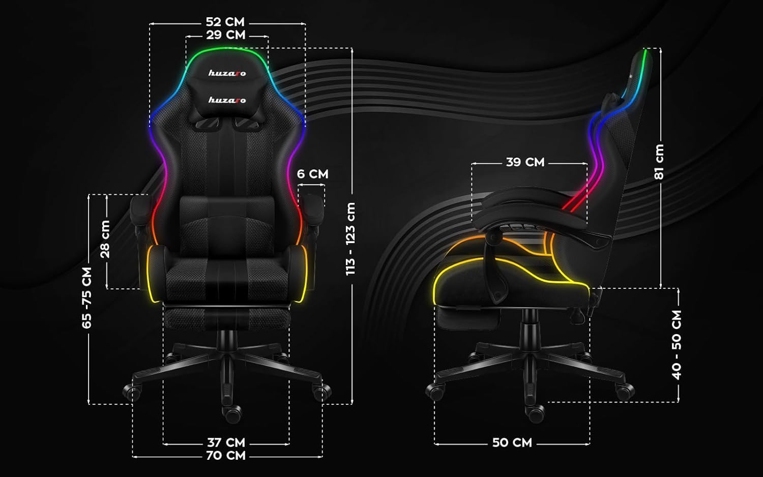 huzaro Force 4.7 RGB Gaming Stuhl - Ergonomischer Bürostuhl & PC Stuhl | Schreibtischstuhl für Gamer - Bis 150 kg belastbar - Mit ausziehbarer Fußstütze & Lendenkissen - Stoff Mesh - Schwarz