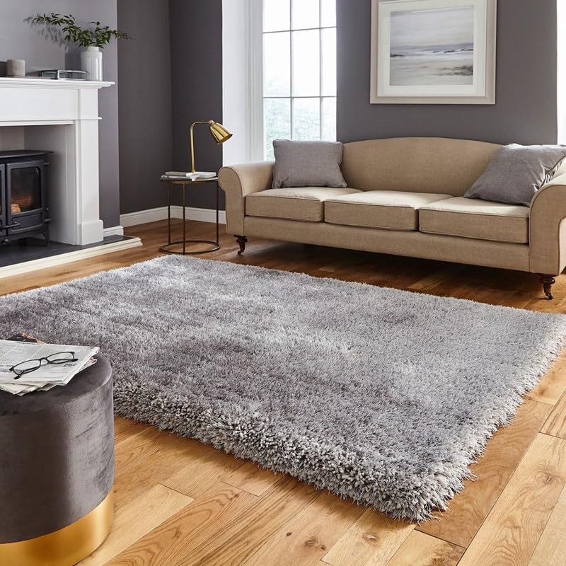 Image of Plain Fur Rugs Bedroom Drawing Room 5x7 Feet Microfiber 2 Inch Pile Height Modern Interior Mat Silver Color