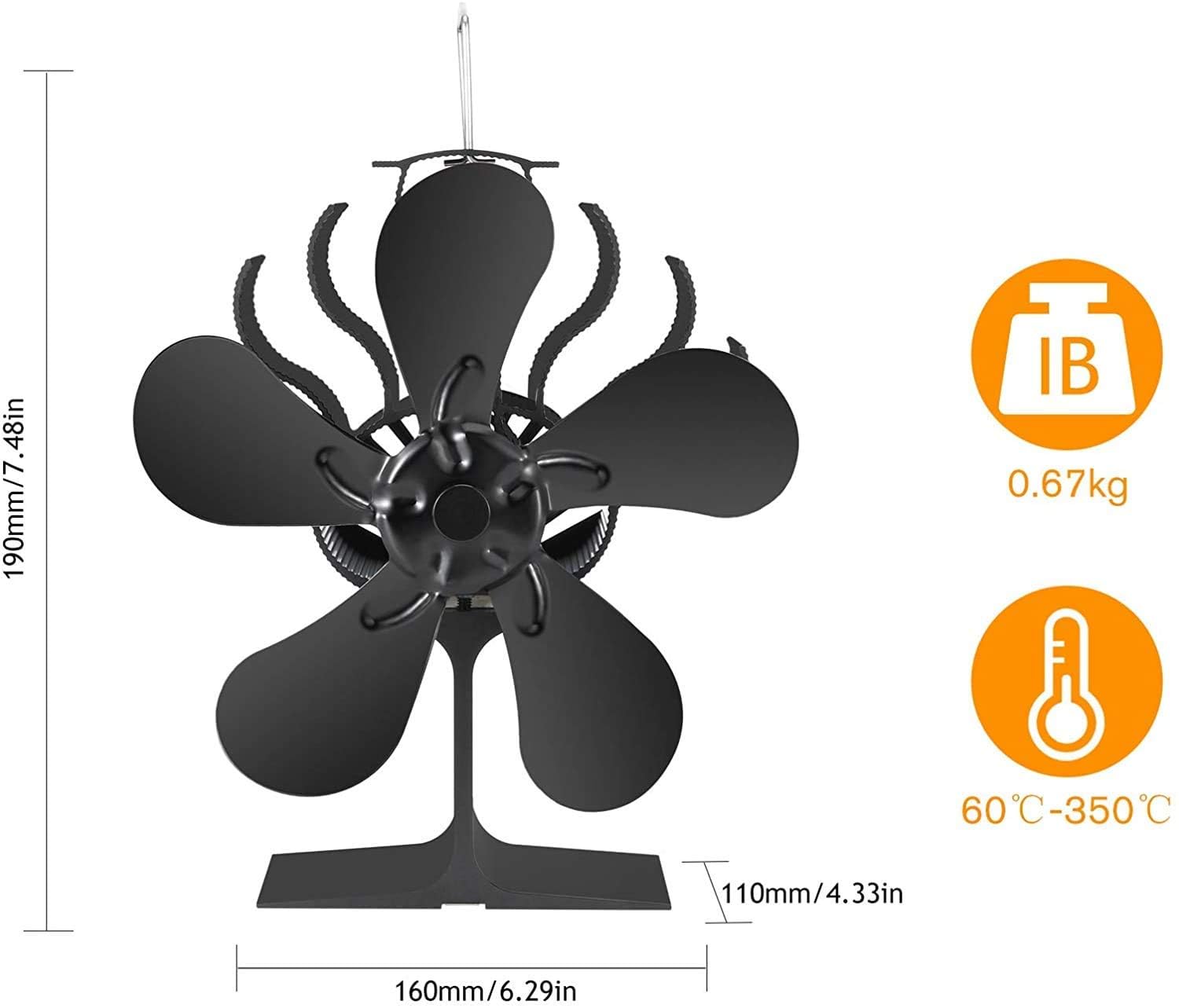Ventilador para Chimenea, Ventilador Termodinámico de 5 Aspas, No Requiere Electricidad, Circulación de Aire Caliente, Adecuado para Estufa de Leña, Chimenea, Estufa de Pellets, Estufa de Leña
