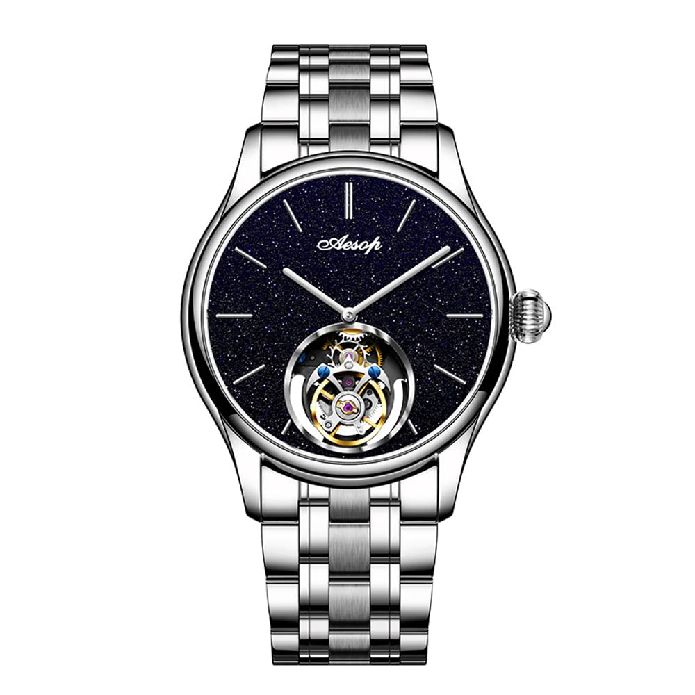 Aesop Classic Tourbillon Men Watch Sand Stone Dial Mechanical Tourbillon Movement Manual Analog Wristwatches Sapphire Waterproof Dress Business Watch for Men with Leather Strap 7050