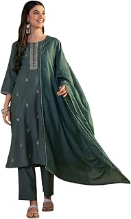 Kaari Women's Embroidered Kurti Set with Dupatta - Straight Fit | Silk Blend with Embroidery | Round Neck with 3/4th Sleev... Price In India