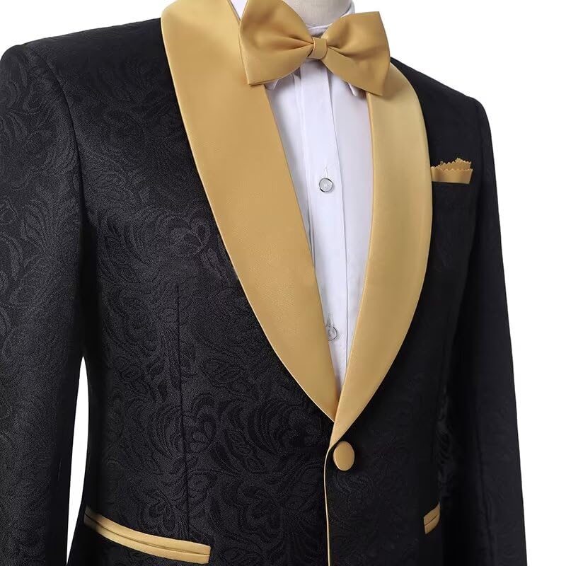 2024 Mens 2 Piece Jacquard Dress Suit Set One Button Tuxedo Blazer & Pants with Gold Lapel Shawl Jacket JXZ0433