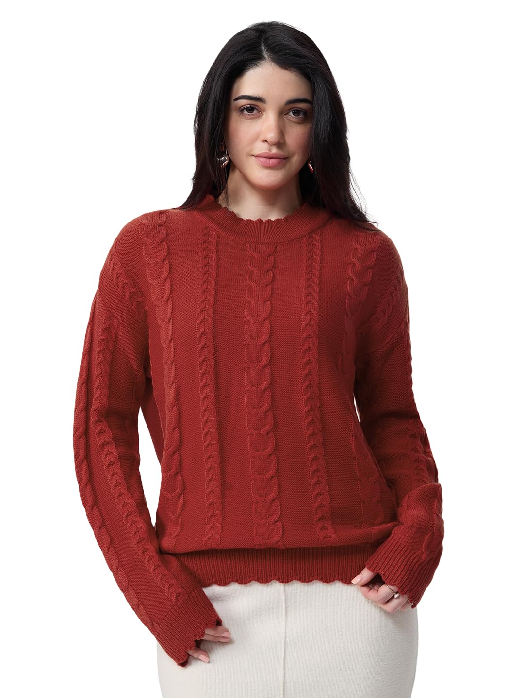 the souled store Cable-Knit Sweater: Flame Women and Girls Full Sleeves Round Neck Acrylic Ribbed Hem Lightweight Drop Shoulder Streetwear Trendy Casual Oversized Sweater-picture-29