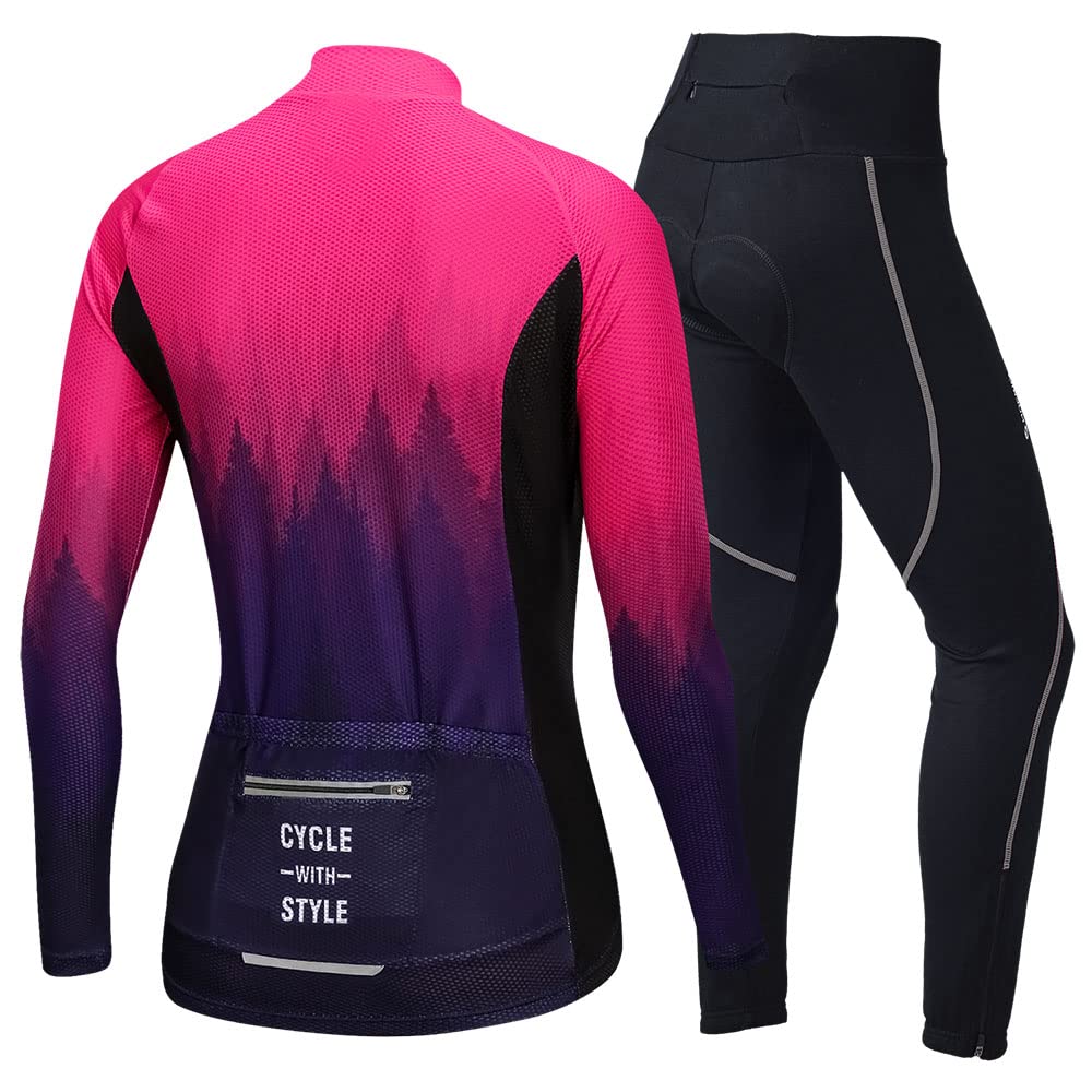 NUCKILY Radtrikot Damen Set Langarm Fahrradtrikot Fahrradbekleidung MTB Radsportanzug Rad Jacke und Radhose mit 3D Sitzpolster Strumpfhosen Frühling Herbst Berg Kleidung Anzüge