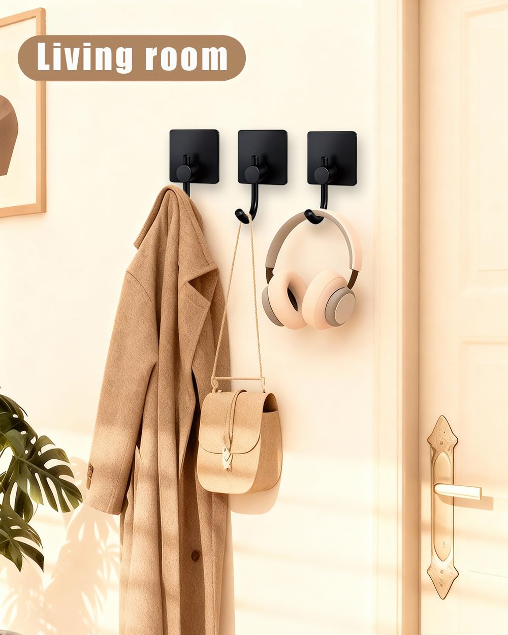 YLITREUS Ganci Adesivi 6 Pezzi - Ganci Autoadesivi da Parete in Acciaio Inox Nero per Bagno Cucina Camera - Gancio per Asciugamani, Chiavi e Vestiti Senza Forare