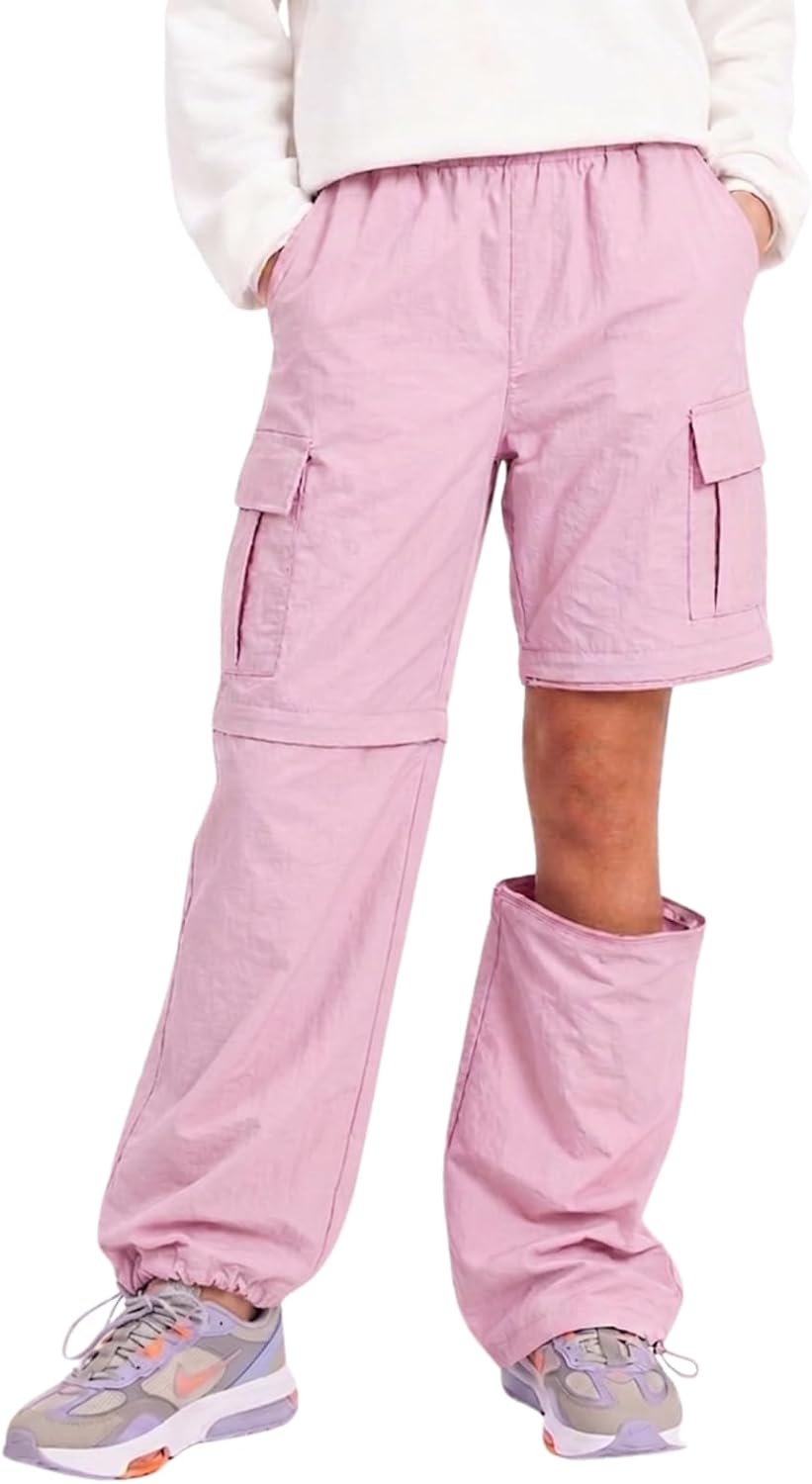 Lightweight Cargo Pants for Girls Kid Convertible Water-Resistant Zip-Off Outdoor Pants with Drawstring & Pockets