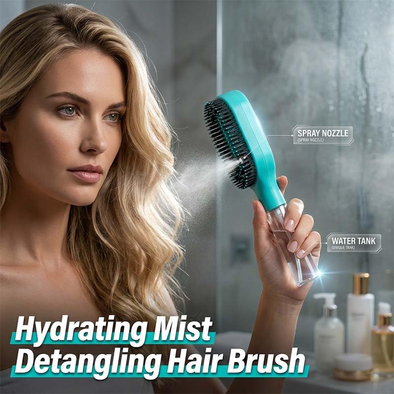 Anti-Static Hair Brush with Built-in Sprayer, Hydrating Mist Detangling Brush, Shine Enhancer Hair Brush, Eliminates Knots & Reduces Breakage for Straight to Curly Hair Types (Pink)