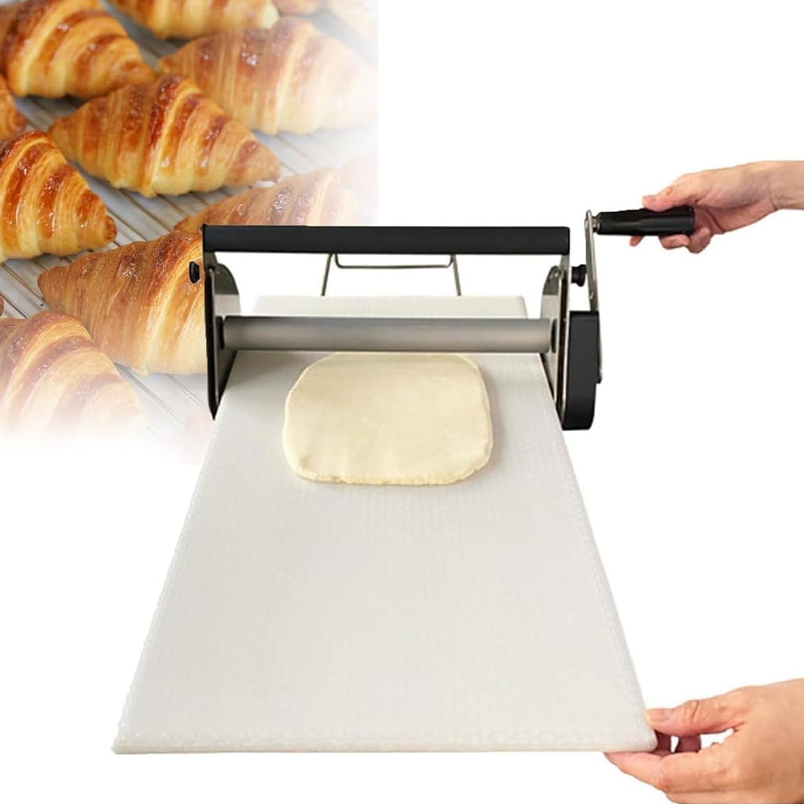 Máquina laminadora de masa manual, diseño compacto de acero inoxidable, grosor ajustable para uso comercial