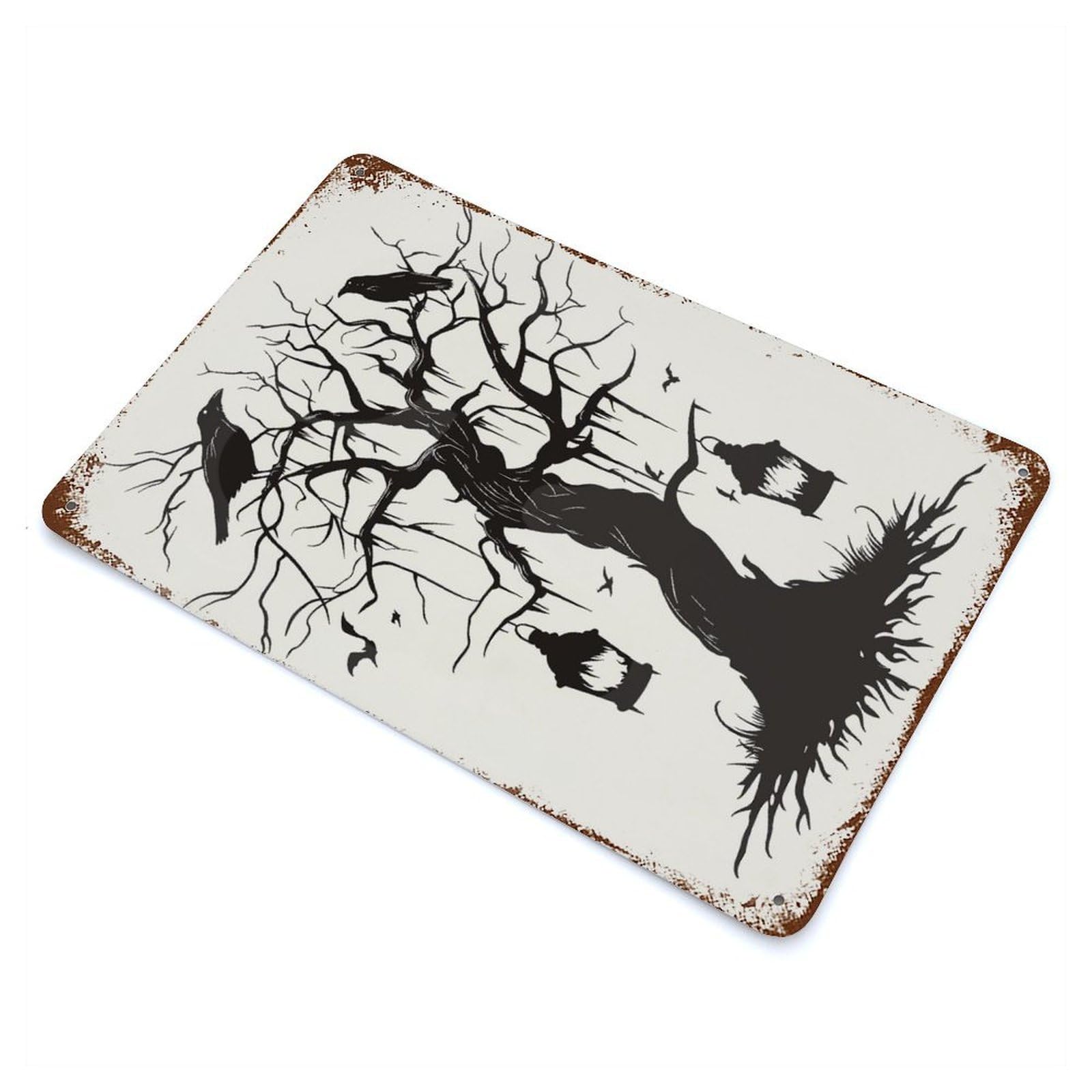 Garage Style Spooky Tree Silhouette Rust Effect Tin Sign 11.8"x7.9", Vintage Wall Decor for Bar And Workshop