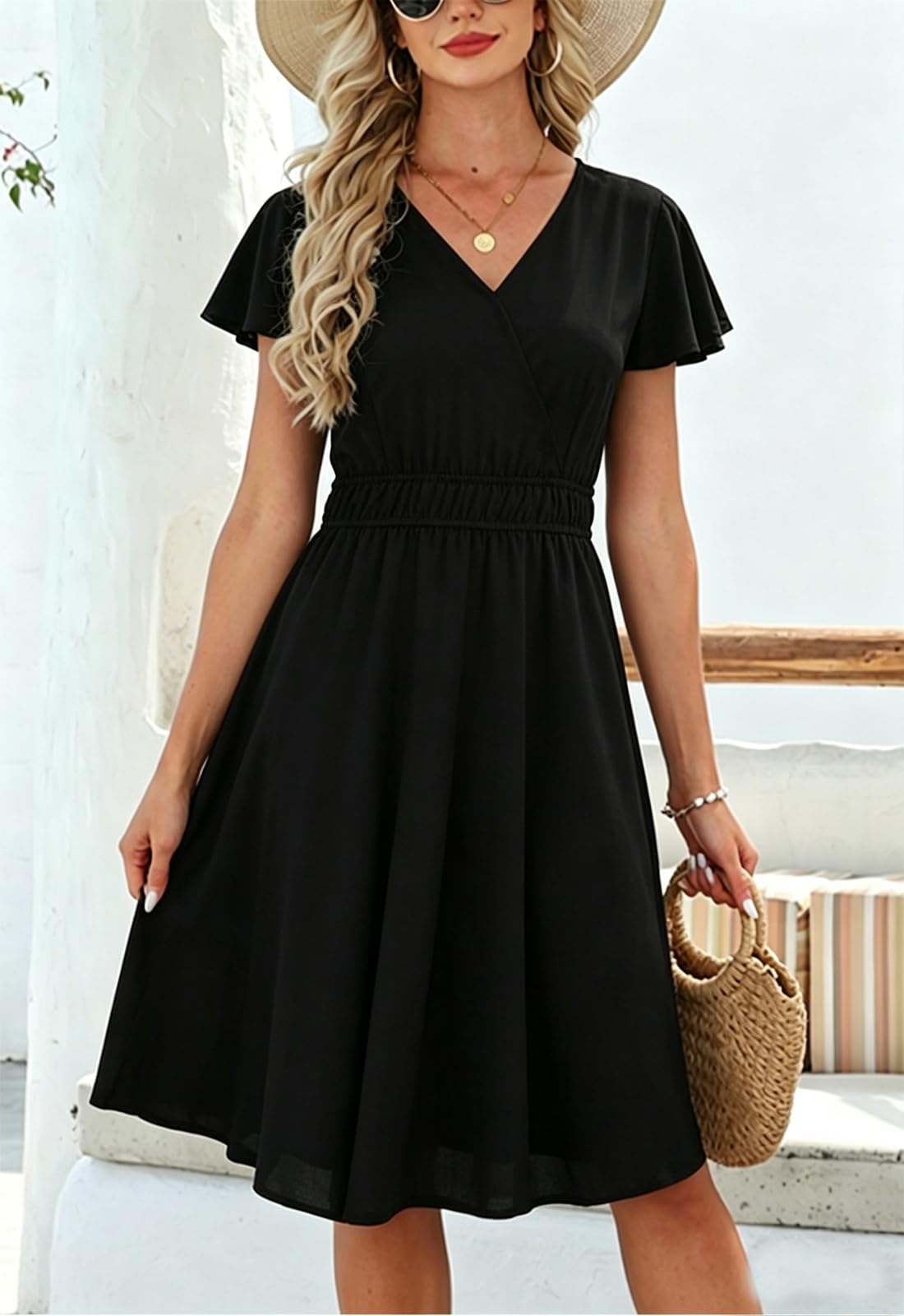 JayscreateEU Robe d'été longue pour femme - Avec poches - Col en V - Manches courtes - Élégante robe tunique - Robe trapèze
