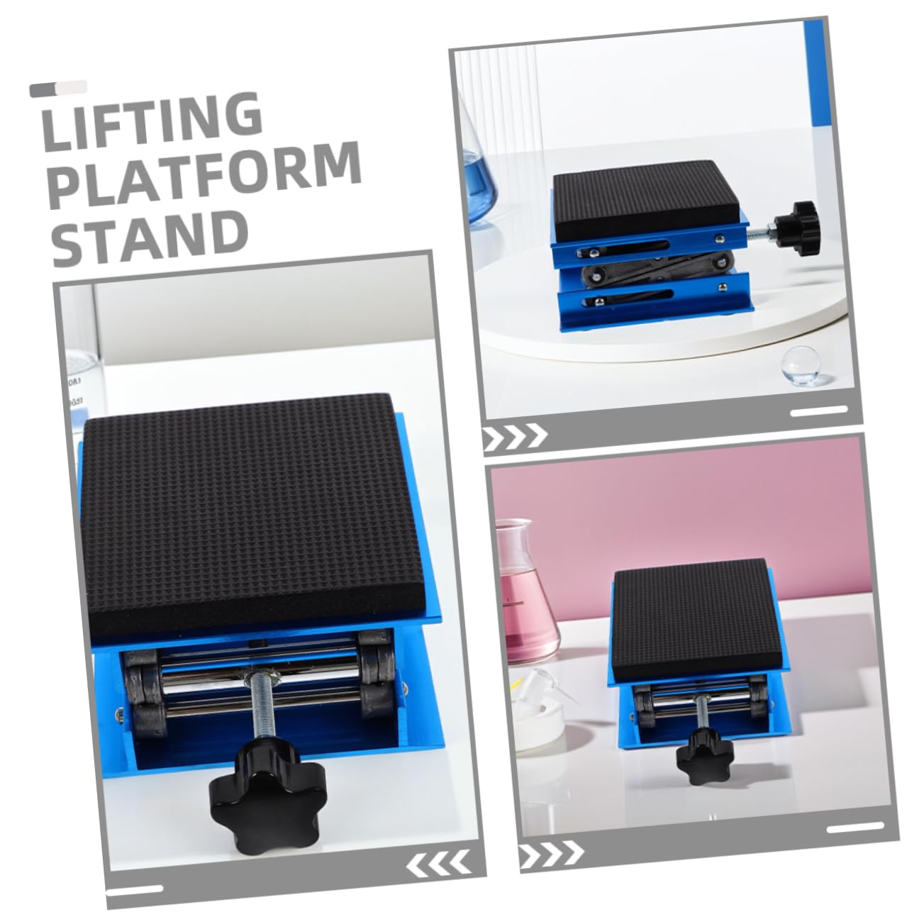 Plataforma Elevadora de Laboratorio Ajustable 15x15cm Aluminio | Capacidad Estática 10kg, Rango 7, 5-27, 5cm, Espuma Amortiguadora Antideslizante