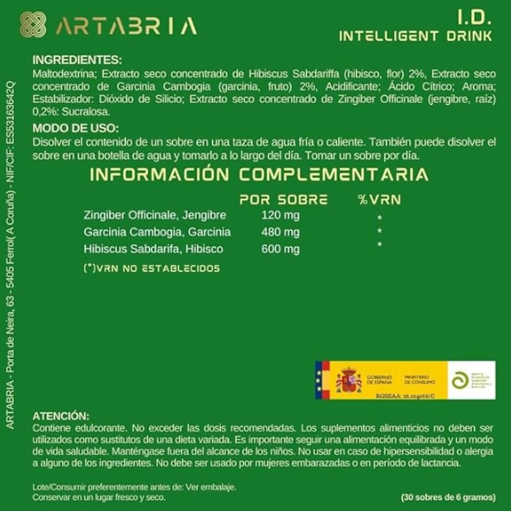 Artabria Inteligent Drink Bez Kofeiny z Imbirem, Garcinia Cambogia i Hibiskusem, 30 Saszety