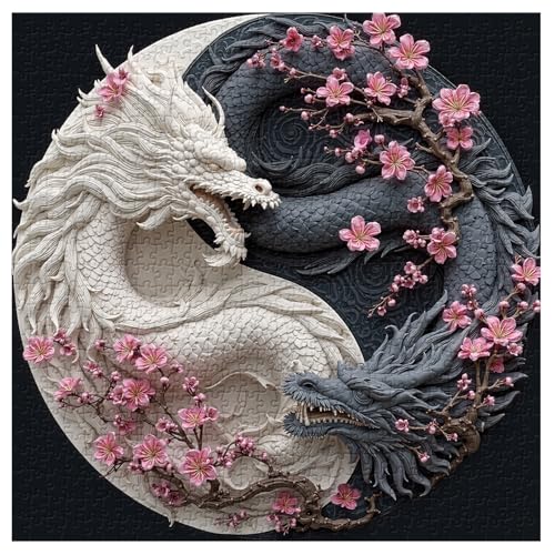 Yin Yang Dragon Puzzles para adultos 1000 piezas, dragones duales blanco y negro con flores de cerezo, rompecabezas floral animal fantasía miniatura 1