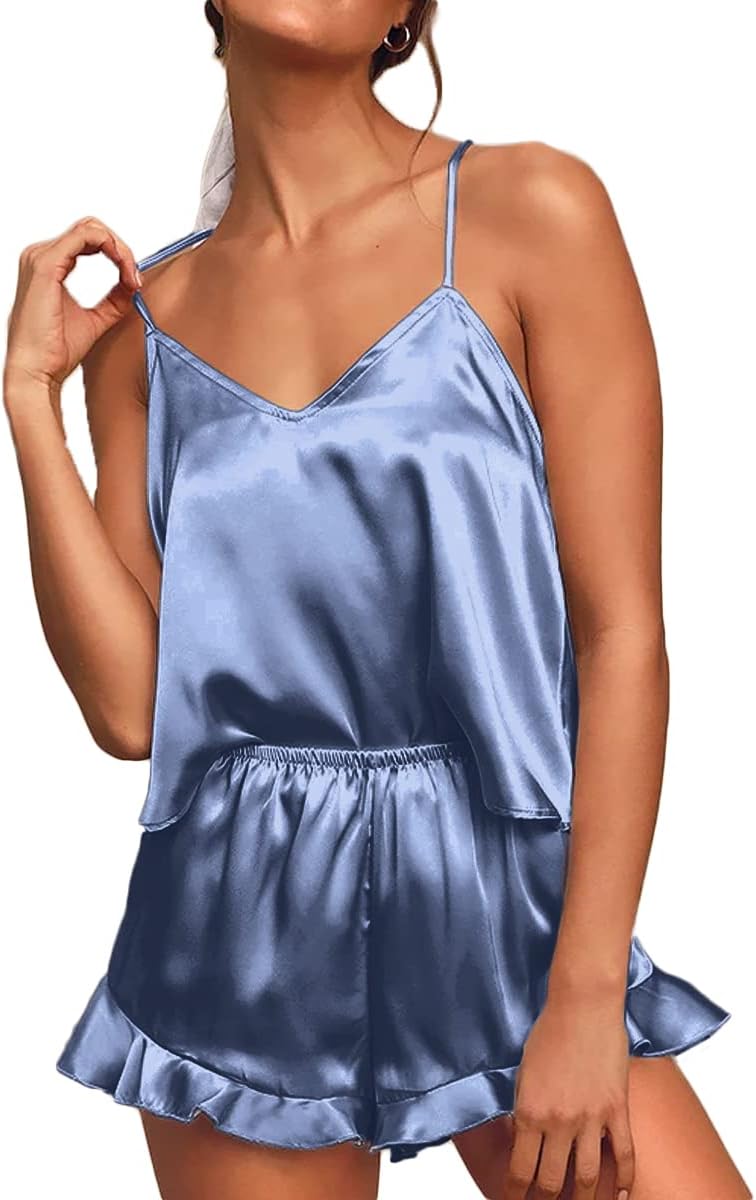 CHYRII Women's Sexy Silk Satin Ruffled Pajamas Sets Cami Shorts Sets Sleepwear - Image 4