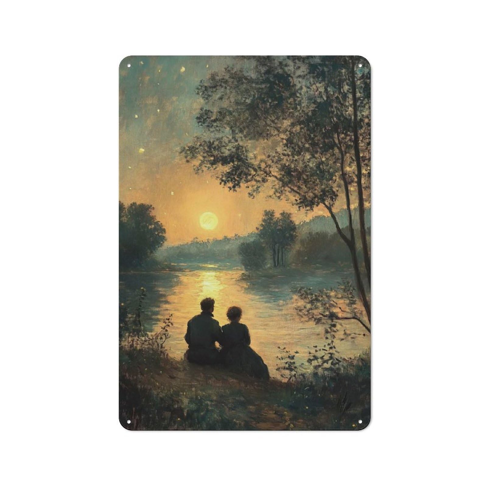 Tin Wall Sign with Sunset Romance by The River Design 30x20cm, Classic Diner Style Decor for Bakery, Diner, Cafe Or Family Room