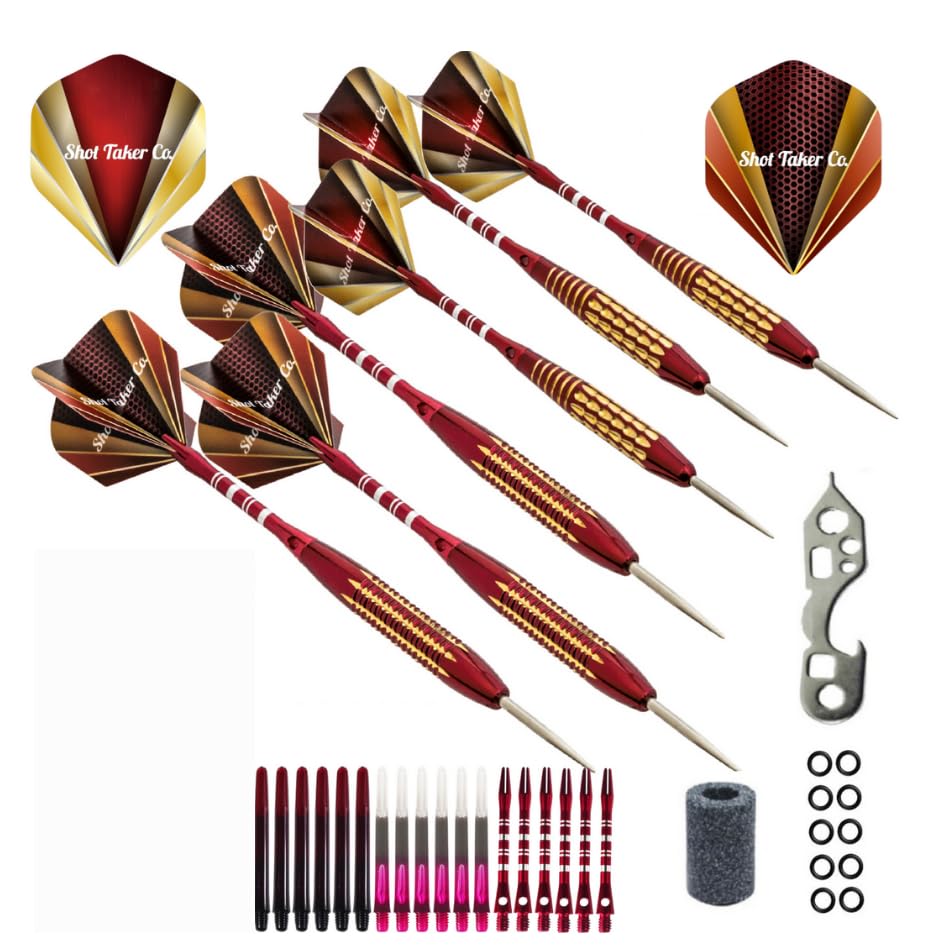 - 6pc Steel Tip Darts Set - Professional Darts for Dartboard - Includes Barrels + Plastic/Aluminum Shafts + O'Rings + Flights + Sharpener + Wrench