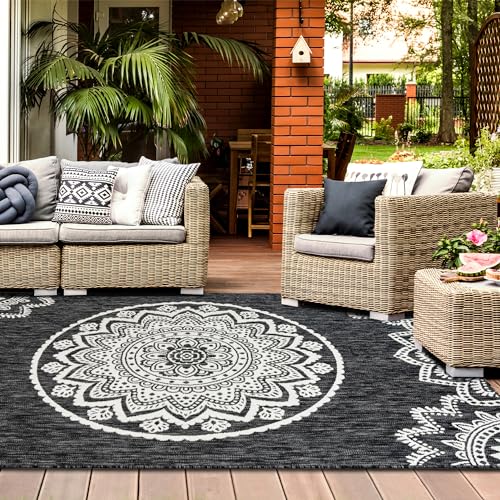 homeart Outdoor Rug - Easy-Clean, Durable, Stain-Resistant, Weather & UV Resistant Indoor & Outdoor Rugs for Porch, Deck, Balcony, Garden, Picnic and Patio | Mandala Black, Cream - 120x170cm
