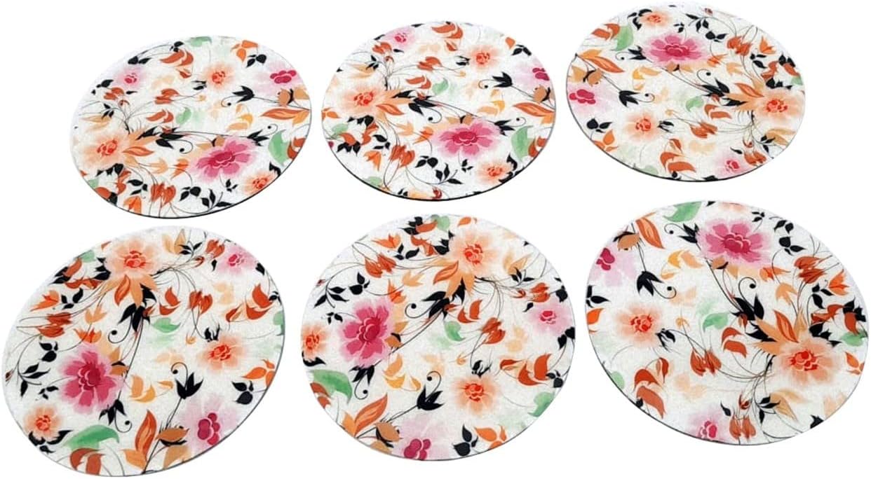 Coster Set of 6 pcs only pcs Coster with Out Stand and Coaster Set for Kitchen and Dining Table & Printed (Medium, Multi-Color White)