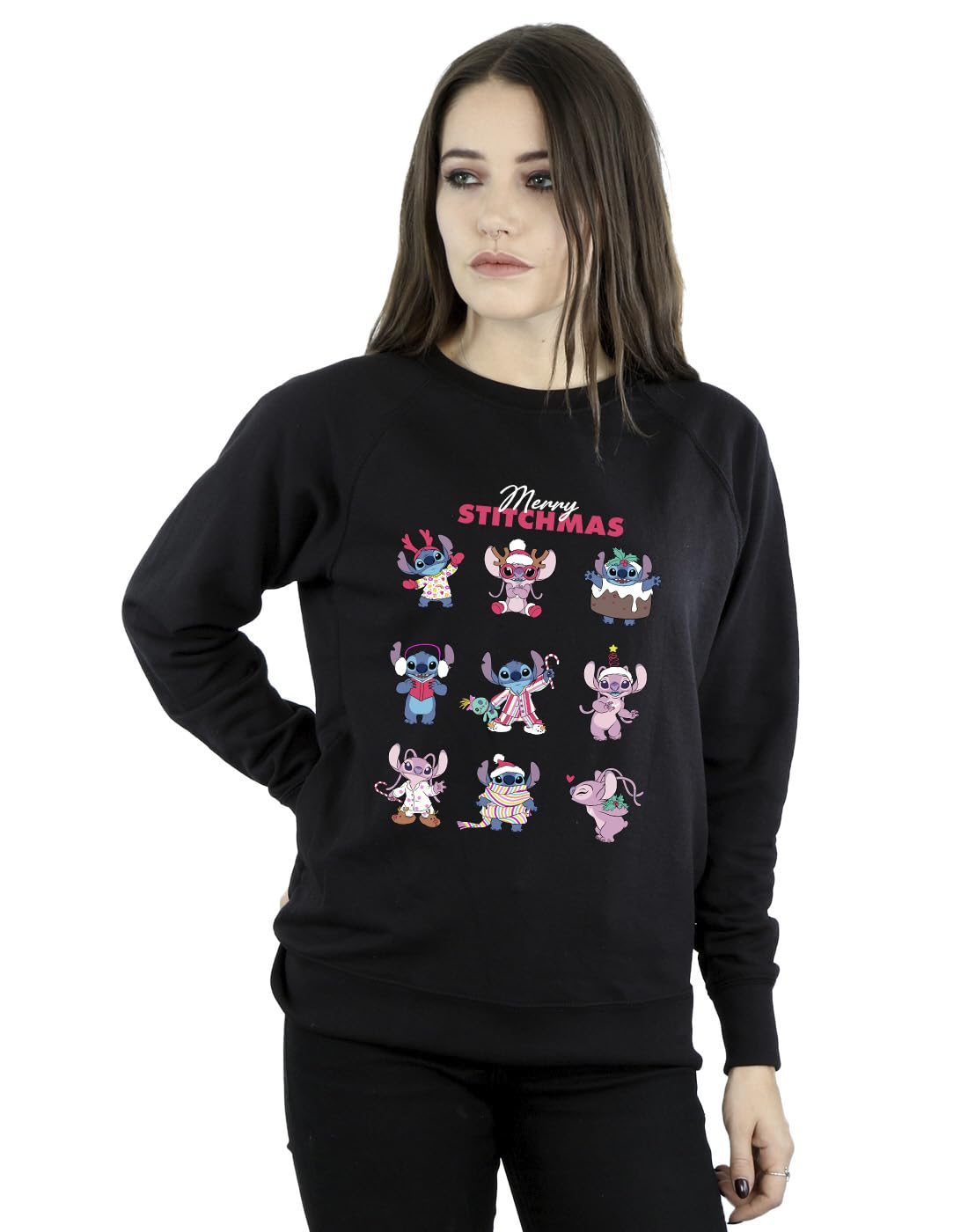 Absolute Cult Women's Black Disney Lilo & Stitch Merry Stitchmas Sweatshirt Medium