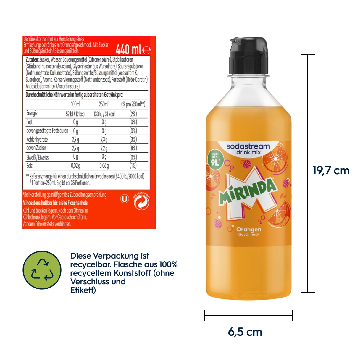 Sodastream drink mix Mirinda – Sirup für gesprudeltes & stilles Wasser, 4er Pack (4 x 440 ml), ergibt bis zu 9L Fertiggetränk