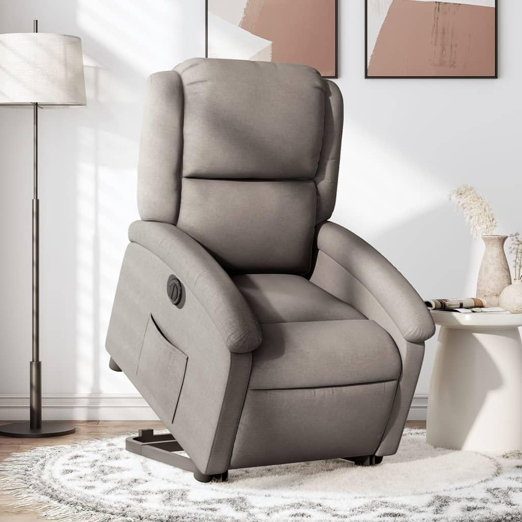 Sillón elevador eléctrico reclinable de tela color pardo con motor para elevación e inclinación automática, respaldo ajustable y reposapiés, estructura estable