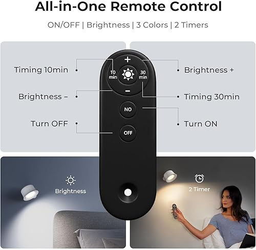 Miniatura 7 de Juego de dos lámparas de pared LED con batería recargable de 3200 mAh, 3 colores de brillo regulable táctil y control remoto, lámpara de lectura