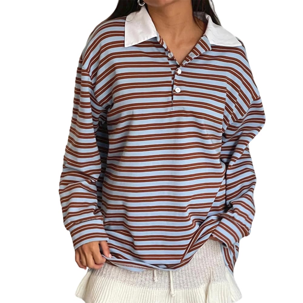 Women Striped Oversized Polo Shirt Long Sleeve V Neck Pullover Sweatshirt Color Block Lapel Collar Rugby Shirt-image-7