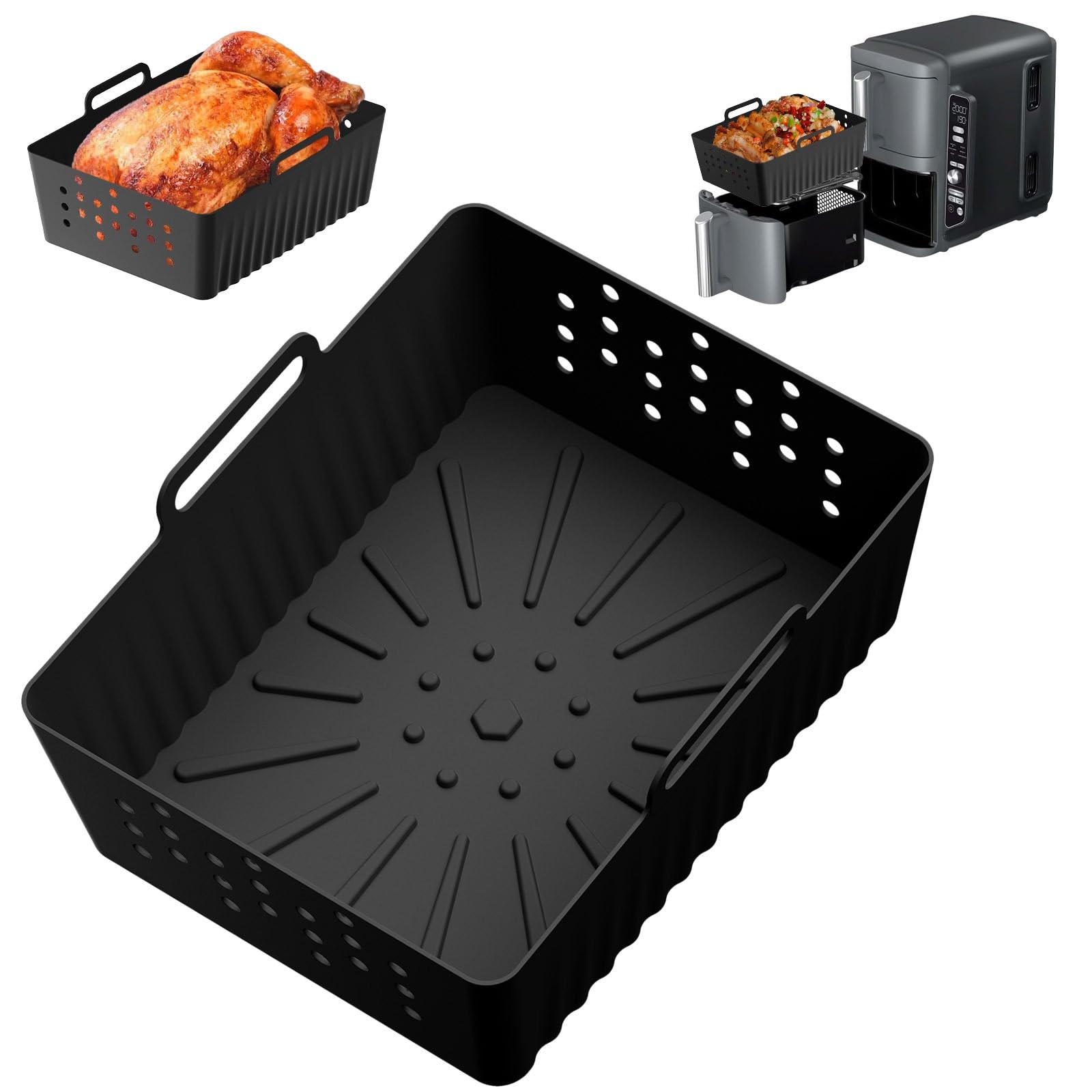 Pamatio Air Fryer Liner for Ninja XL SL400UK Double Layer Air Fryer 9/9.5L,Reusable Silicone Liner Air Fryer Pot Compatible with Dual AF451UK/Tower T17088 Air Fryer,Air Fryer Accessories(1pcs,Black B)