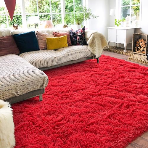 Rugs for Living Room 5x7, Soft Shaggy Modern Shag Area Rug for Bedroom, Upgrade Non-Slip Plush Fluffy Carpet for Kids Boys Girls Room Home Decor Aesthetic, Red