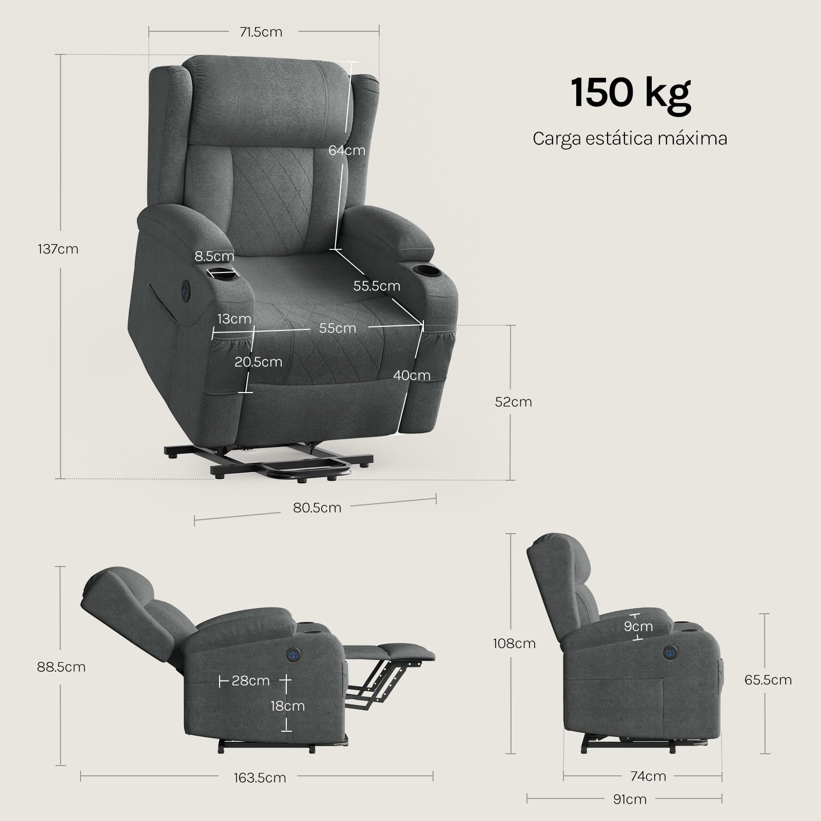 WOLTU Sillón Reclinable Eléctrico, Sillón Relax de Masaje con Ayuda para Levantarse, con Calefacción de Masaje, Reposapiés, Bolsillos, Portavasos, Puerto USB, Tela de Rizo, Gris, SKS61gr