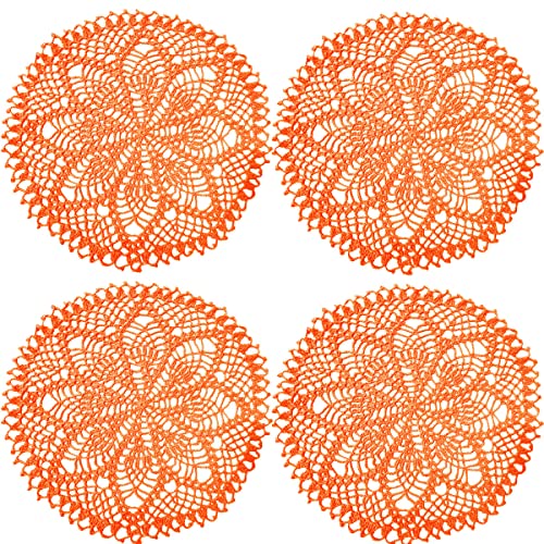 BIBITIME Kitchen Crochet Table Doilies Vase Mats Round Flower Doily Handmade Placemats (15 inches to 16 inches-4PCS, Orange)