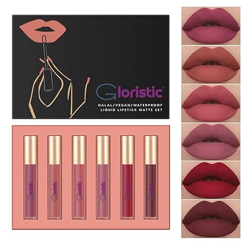Gloristic  Impermeable  Juego de 6 lápices labiales líquidos mate  A prueba de transferencia  A prueba de besos  Halal  Vegano  Antiadherente  Libre