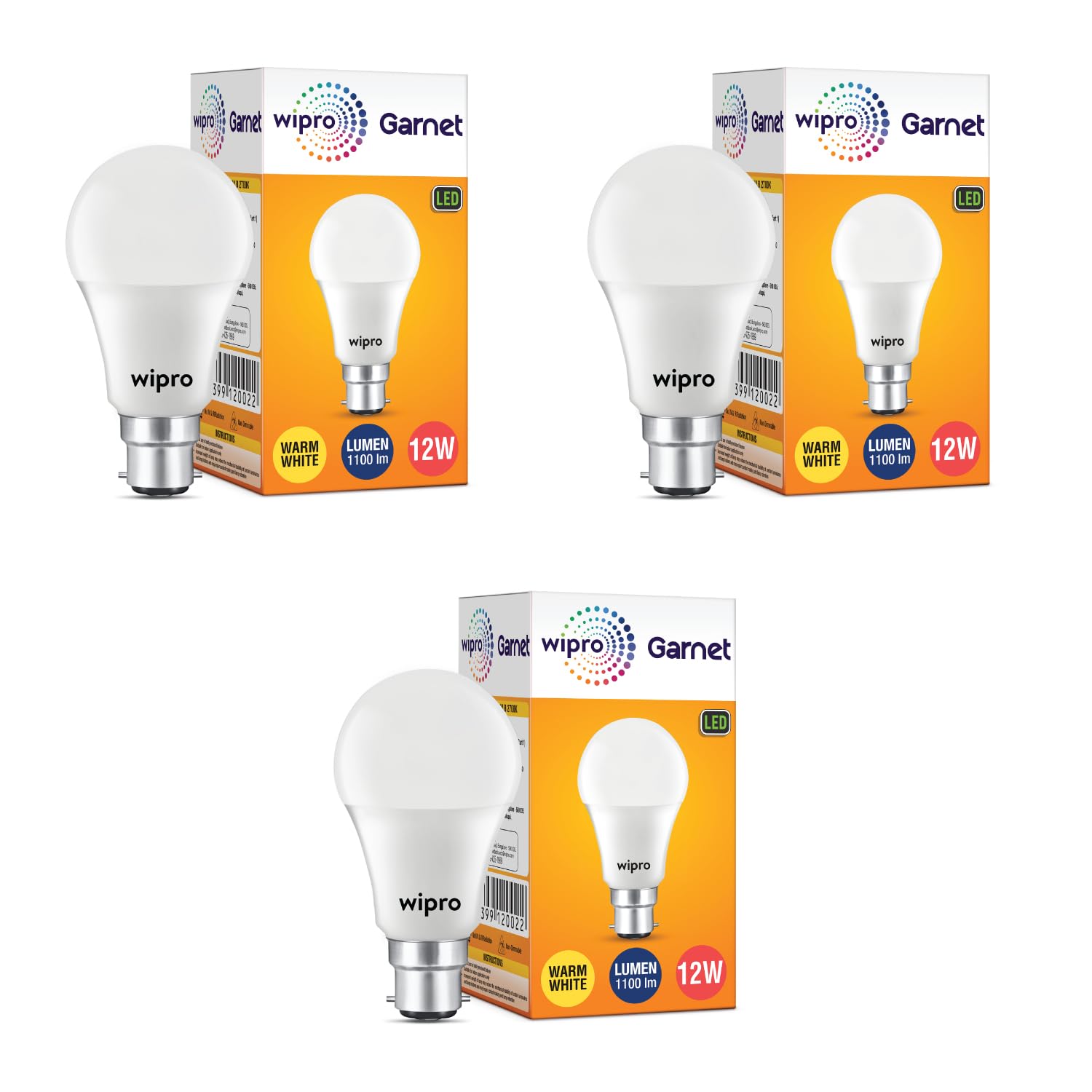 wipro 12W B22 LED Bulb, Pack of 3, (Garnet)