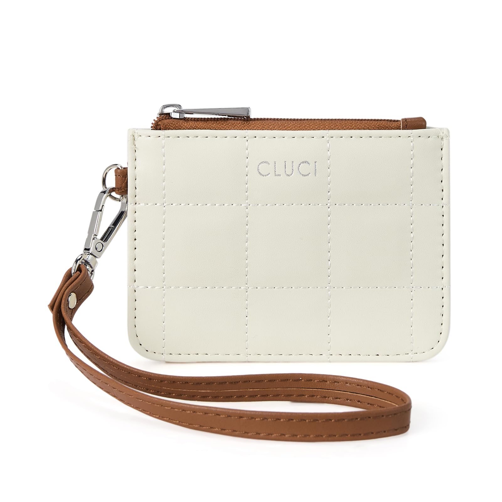 CLUCI Small Quilted Coin Purse Leather RFID Blocking Card Holder Slim Wristlet Wallets for Women Zipper Pocket Beige with Brown