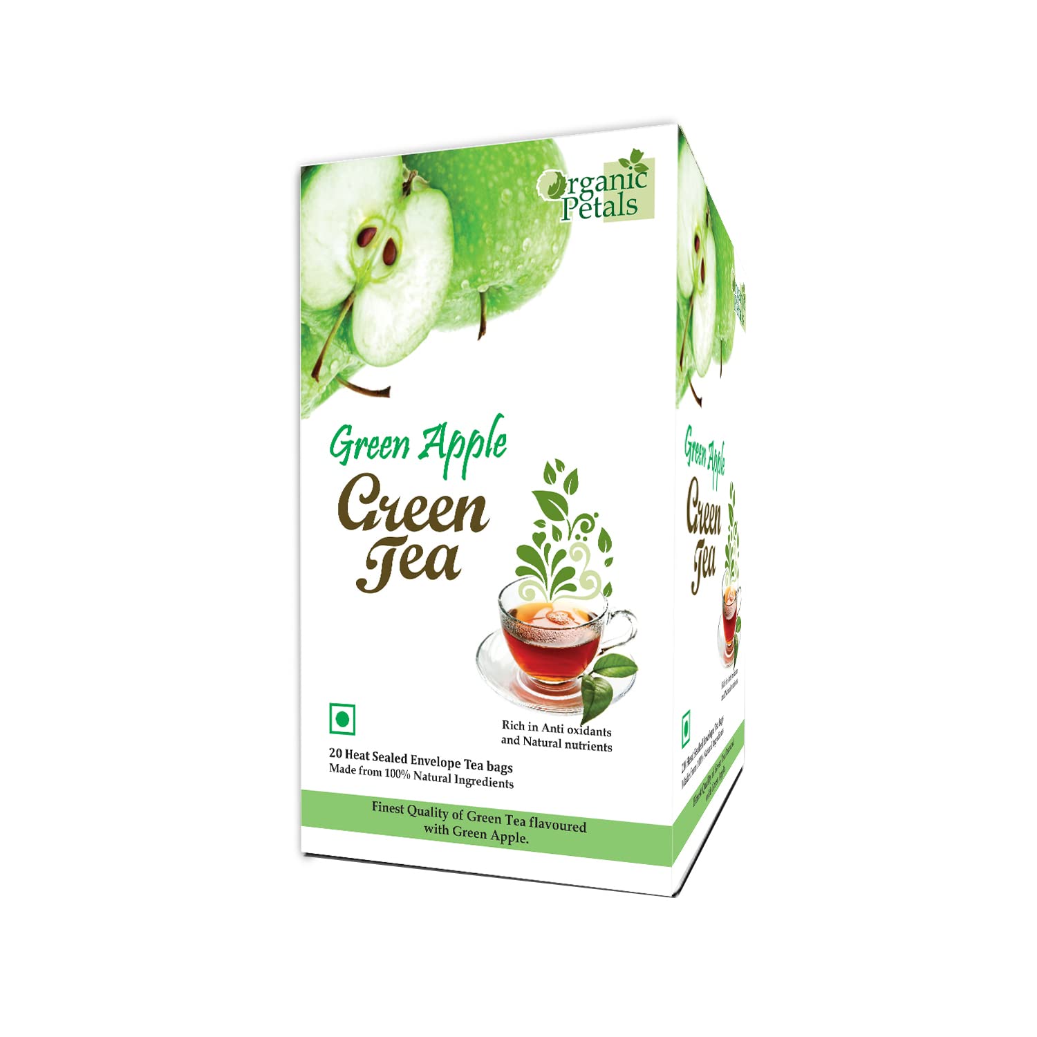 Organic Petals Green Tea with Green Apple Herbal Tea | Rich in Antioxidants Blend of Green Tea, Green Apple For Boosting Immunity and Reduces Body Weight & Waist - 15 Pcs (Pack of 1)