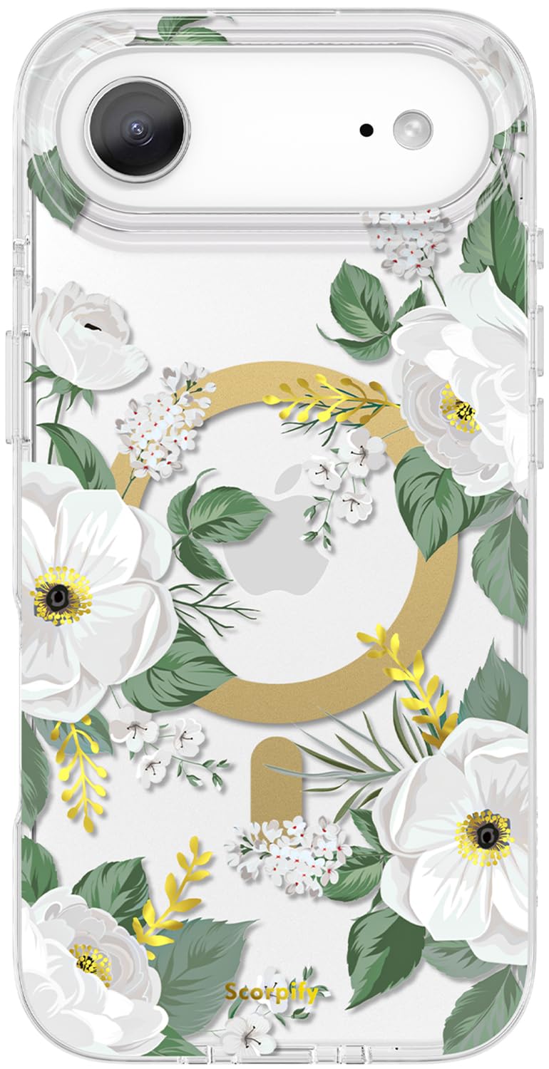 SCORPIFY for iPhone 17 Air Case [Compatible with MagSafe] with White Rose Floral Design, Cute Clear Flower Magnetic Phone Cover for Women Girls, [Non Yellowing] Slim Bumper with Gold Accents