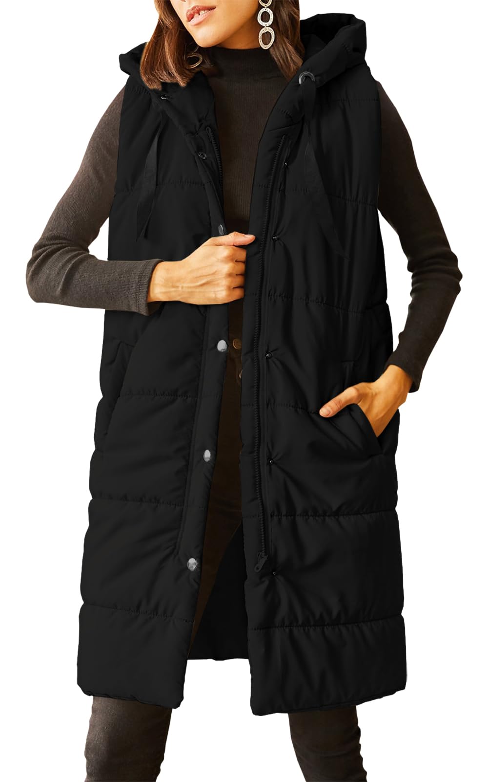 Women's Long Quilted Puffer Vest Sleeveless Hooded Button Down Padded Coats Jacket Outerwear with Pockets-image-22
