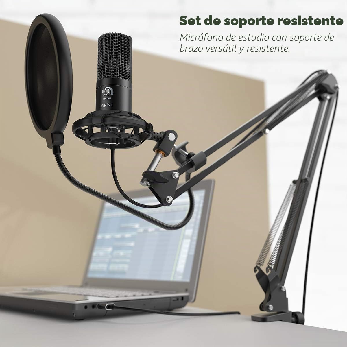 FIFINE Micrófono USB de Condensador para Estudio, Kit de Microfono Ordenador PC con Soporte de Brazo de Tijera Ajustable Soporte de Choque para Instrumentos Grabación Podcasting Youtube Gaming