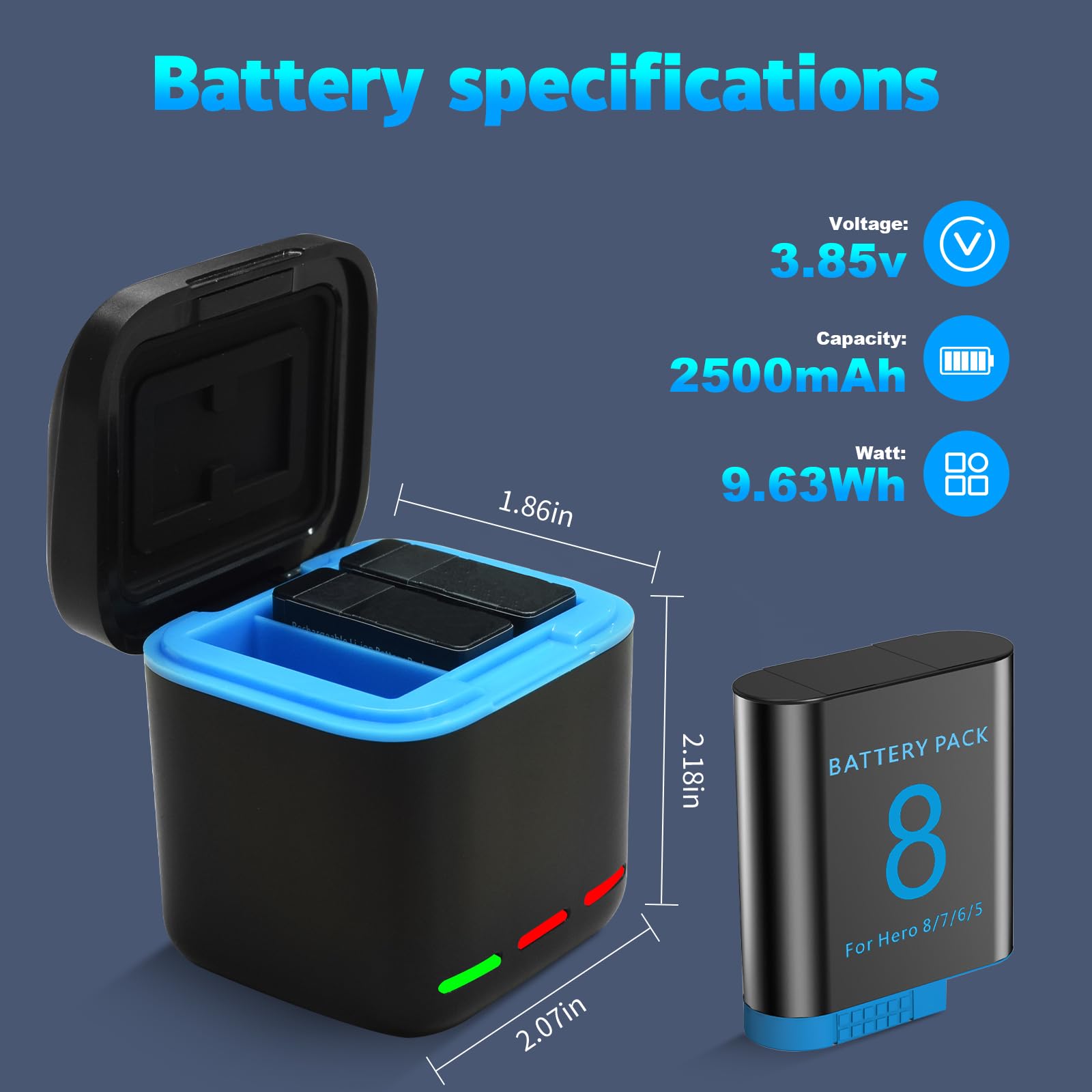 Lot de 3 batteries Hero 8 + chargeur à 3 ports compatibles avec GoPro Hero 8/7/6/5/2018 Noir