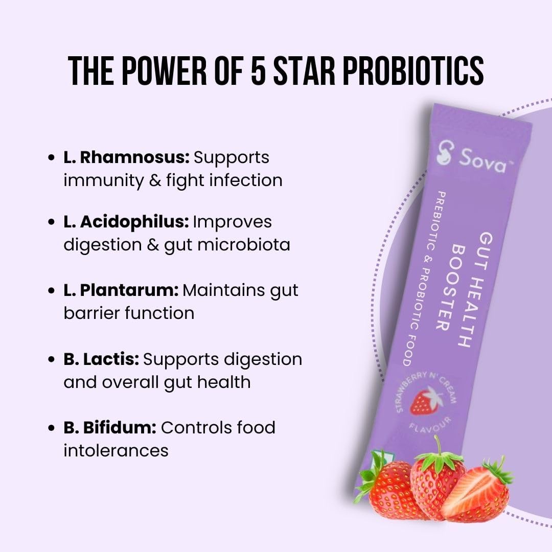 Sova Gut Health Probiotics for Gut Detox Microbiome Balance, Better Immunity, Digestion & Nutrition Absorption | No Added Sugar | 15 Billion CFUs | 15 Vegan Sachets For Men and Women | Gut Set Go 3