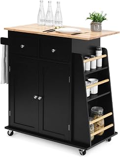Giantex Kitchen Island Cart, Rolling Wood Trolley with Storage Cabinet, Towel Handle, 2 Drawers, Side Spice Rack and Wine Bottle Rack, Kitchen Cart on Wheels, Rubber Wood Countertop (Black)