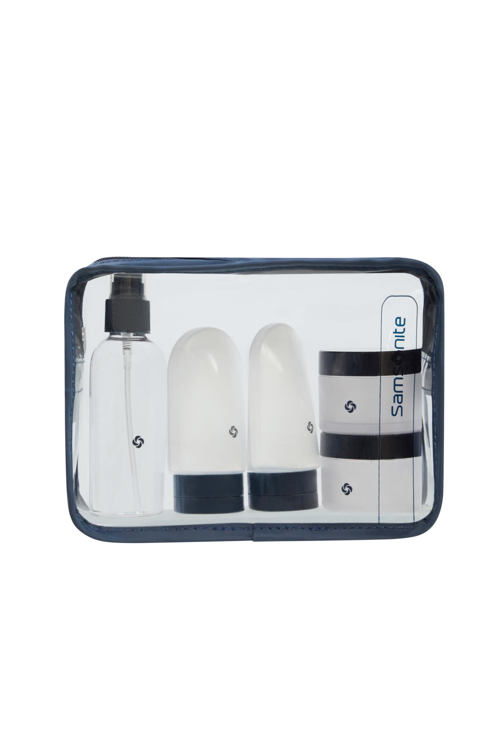 Samsonite TA Revolution - Set di bottiglie da viaggio per bagaglio a mano, 3 flaconi in silicone da 60 ml e 2 contenitori da 30 ml, set da viaggio per aeromobili, borsa da toilette trasparente, blu