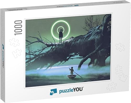 Dark-Fantasy Scene of The Boy on a Boat Looking at The My... Rompecabezas con 1000 piezas